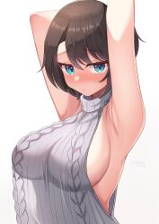 Rule 34 | 1girl, absurdres, armpits, arms up, blue eyes, breasts, brown hair, cleavage, dated, gradient background, grey background, grey sweater, hashira 14, highres, hololive, large breasts, looking at viewer, meme attire, oozora subaru, short hair, signature, solo, sweater, turtleneck, turtleneck sweater, upper body, virgin killer sweater, virtual youtuber, white background
