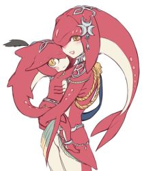 Rule 34 | 1boy, 1girl, brother and sister, carrying, colored skin, fins, fish boy, fish girl, hair ornament, jewelry, long hair, looking at viewer, mipha, monster boy, monster girl, multicolored skin, nintendo, no eyebrows, red hair, red skin, sharp teeth, siblings, sidon, smile, teeth, the legend of zelda, the legend of zelda: breath of the wild, utsugi (skydream), yellow eyes, aged down, zora