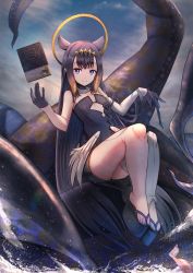 Rule 34 | 1girl, amane sora, blue eyes, book, breasts, dress, gloves, halo, highres, hololive, hololive english, long hair, looking at viewer, ninomae ina&#039;nis, ninomae ina&#039;nis (1st costume), pointy ears, purple hair, solo, tentacles, thick thighs, thighs, very long hair, virtual youtuber