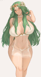 Rule 34 | 1girl, blush, breasts, circlet, fire emblem, fire emblem: three houses, flower, green eyes, green hair, hair flower, hair ornament, highres, large breasts, linea alba, long hair, looking at viewer, lsls, nintendo, parted bangs, rhea (fire emblem), smile, solo, thighs