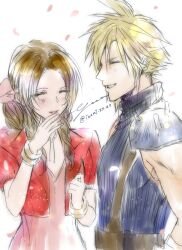 Rule 34 | 1boy, 1girl, aerith gainsborough, armor, belt, blonde hair, blue shirt, bracelet, braid, brown hair, closed eyes, cloud strife, cropped jacket, dress, falling petals, final fantasy, final fantasy vii, final fantasy vii remake, hair between eyes, hair ribbon, hand to own mouth, highres, izumi xx uo, jacket, jewelry, long hair, parted bangs, parted lips, petals, pink dress, pink ribbon, red jacket, ribbon, shirt, short hair, shoulder armor, sidelocks, sleeveless, sleeveless turtleneck, smile, spiked hair, square enix, suspenders, turtleneck, white background