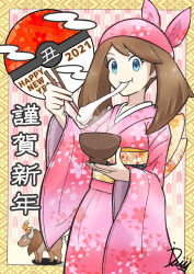 Rule 34 | 1girl, alternate costume, bandana, blue eyes, bowl, brown hair, chopsticks, commentary request, creatures (company), eating, floral print, food, game freak, gen 1 pokemon, gen 3 pokemon, happy new year, highres, holding, holding bowl, holding chopsticks, ida (idalol490), japanese clothes, kimono, long sleeves, looking at viewer, may (pokemon), mochi, mochi trail, new year, nintendo, obi, pink bandana, pink kimono, poke ball, pokemon, pokemon (creature), pokemon rse, sash, signature, tauros, torchic, wide sleeves, yukata