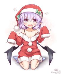 Rule 34 | &gt;:o, 1girl, :o, puff of air, alternate costume, angry, anzu ame, bare shoulders, bat wings, blush, bow, collarbone, dated, fangs, full body, green bow, hat, hat bow, heart, light purple hair, looking at viewer, off shoulder, oversized clothes, pink eyes, pointy ears, pom pom (clothes), remilia scarlet, santa costume, santa hat, sitting, sleeves past wrists, socks, solo, star (symbol), strap slip, sweat, touhou, twitter username, v-shaped eyebrows, wariza, wings