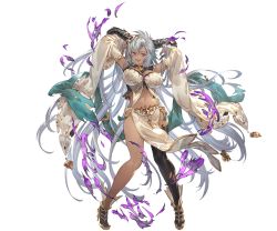 Rule 34 | 1girl, arms up, black horns, black thighhighs, breasts, cleavage, dark-skinned female, dark skin, detached sleeves, dragon horns, fangs, fediel (granblue fantasy), full body, granblue fantasy, hair between eyes, high heels, horns, large breasts, long hair, looking at viewer, minaba hideo, navel, non-web source, open mouth, pelvic curtain, purple eyes, single thighhigh, smile, solo, thighhighs, transparent background, very long hair
