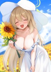 Rule 34 | 1girl, :d, ^ ^, alternate costume, bare shoulders, blue archive, blue sky, breasts, brown hair, cleavage, closed eyes, cloud, commentary, day, dress, field, flower, flower field, green halo, halo, hat, highres, holding, holding flower, large breasts, long hair, nonomi (blue archive), open mouth, outdoors, sky, smile, solo, sunflower, sunflower field, symbol-only commentary, white dress, white hat, yondomizu
