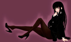 Rule 34 | 1girl, black hair, blush, female protagonist (houkago play), high heels, houkago play, legs, long hair, naughty face, pantyhose, scharfschutze, shoe dangle, shoes, sitting, solo, very long hair