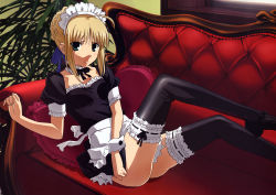 Rule 34 | 00s, 1girl, absurdres, ahoge, apron, artoria pendragon (all), artoria pendragon (fate), black thighhighs, blonde hair, blush, bow, braid, couch, fate/stay night, fate (series), frilled thighhighs, frills, frown, green eyes, hair ribbon, headdress, highres, looking at viewer, maid, maid apron, maid headdress, motomura kouichi, official alternate costume, pillow, ribbon, saber (fate), scan, short hair, sitting, solo, thighhighs, type-moon, wrist cuffs
