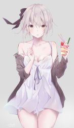 Rule 34 | 1girl, artoria pendragon (all), artoria pendragon (fate), breasts, cleavage, commentary request, cowboy shot, dated, dessert, dress, fate/grand order, fate (series), food, grey background, hair ribbon, highres, jacket, looking at viewer, off shoulder, open clothes, open jacket, parted lips, pocky, ribbon, saber alter, sai (saipoko), short dress, short hair, silver hair, simple background, small breasts, solo, strap slip, white dress, yellow eyes