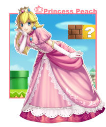Rule 34 | 1girl, blonde hair, blue eyes, crown, dress, earrings, gloves, gown, hand on own cheek, hand on own face, highres, jewelry, long hair, looking at viewer, mario (series), nintendo, pink dress, princess, princess peach, puffy sleeves, short sleeves, smile, solo, super mario bros. 1, text focus, white gloves, yuu-414
