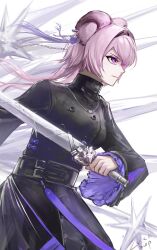 Rule 34 | 1girl, absurdres, animal ears, arknights, black dress, commentary, cowboy shot, dress, hair intakes, highres, holding, holding sword, holding weapon, lin (arknights), long hair, long sleeves, lucksup, mouse ears, purple eyes, purple hair, solo, standing, sword, weapon, white background, wide sleeves