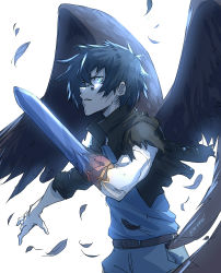 Rule 34 | 1boy, absurdres, arm blade, b: the beginning, belt, belt buckle, black feathers, black hair, black wings, blue eyes, blue shirt, buckle, feathers, glowing, glowing eye, highres, kokuu (b: the beginning), looking at viewer, male focus, parted lips, shirt, shirt tucked in, signature, simple background, solkorra, solo, torn clothes, twitter username, upper body, weapon, white background, wings