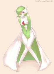 Rule 34 | &gt; &lt;, 1girl, absurdres, artist name, beige background, between legs, blush, breasts, closed eyes, collarbone, covering crotch, covering privates, creatures (company), eifie, female focus, full body, game freak, gardevoir, gen 3 pokemon, green hair, hand between legs, have to pee, highres, knees together feet apart, medium breasts, navel, nintendo, nipples, nude, own hands together, peeing, peeing self, pokemon, pokemon (creature), pokemon rse, short hair, simple background, solo, standing, sweat, text focus, trembling, v arms, watermark, wavy mouth, web address