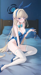 Rule 34 | 1girl, absurdres, animal ears, bed, blonde hair, blue archive, blue eyes, blue leotard, blue nails, blush, bow, bowtie, breasts, commentary, cuffs, detached collar, fake animal ears, fake tail, feint721, full body, halo, handcuff dangle, handcuffs, high heels, highleg, highleg leotard, highres, holding, holding handcuffs, leotard, light particles, long hair, medium breasts, nail polish, official alternate costume, official alternate hairstyle, on bed, pillow, playboy bunny, rabbit ears, rabbit tail, sitting, skindentation, solo, tail, thighhighs, thighs, toki (blue archive), toki (bunny) (blue archive), very long hair, white thighhighs, yokozuwari