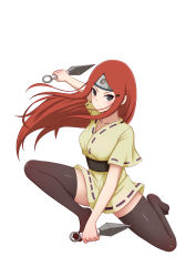 Rule 34 | 1girl, absurdres, aged down, black thighhighs, brown hair, collarbone, dual wielding, floating hair, full body, headband, highres, holding, holding weapon, japanese clothes, kimono, long hair, naruto (series), naruto shippuuden, on one knee, parted bangs, ribbon-trimmed sleeves, ribbon trim, seisen, shiny clothes, shiny legwear, short kimono, simple background, solo, straight hair, thighhighs, uzumaki kushina, very long hair, weapon, white background, yellow kimono, zettai ryouiki