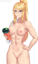 Rule 34 | 1girl, abs, blonde hair, blue eyes, blush, bottle, breasts, cleft of venus, closed mouth, collarbone, commentary, completely nude, cowboy shot, cup, drinking straw, eerisyn, english commentary, hand on own hip, high ponytail, highres, holding, holding cup, large breasts, long hair, looking at viewer, metroid, mole, mole under mouth, navel, nintendo, nipples, nude, patreon username, pussy, samus aran, sidelocks, simple background, solo, standing, towel on one shoulder, uncensored, water bottle, watermark, web address, wet, white background