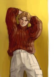 Rule 34 | 0092gold, 1boy, arms behind head, arms up, blonde hair, ginga eiyuu densetsu, highres, male focus, short hair, smile, solo, sweater, sweater tucked in, wolfgang mittermeyer