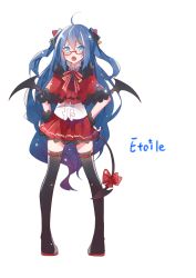 Rule 34 | 1girl, ahoge, aqua eyes, bat wings, black hair, black thighhighs, bow, capelet, glasses, hair bow, hair ornament, hair ribbon, hands on own hips, hika (ozeluk), long hair, looking at viewer, open mouth, pixiv fantasia, pixiv fantasia sword regalia, pleated skirt, ribbon, rimless eyewear, simple background, skirt, solo, standing, tail, thighhighs, very long hair, white background, wings, wrist cuffs, zettai ryouiki