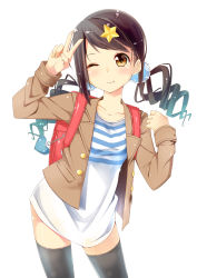 Rule 34 | 1girl, absurdres, backpack, bag, black thighhighs, blush, brown eyes, brown hair, byte (allbyte), contrapposto, cowboy shot, drill hair, hair ornament, highres, light smile, long hair, looking at viewer, one eye closed, original, parted bangs, randoseru, shizuka (deatennsi), simple background, smile, solo, standing, star (symbol), star hair ornament, thighhighs, v, white background