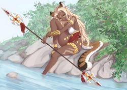 Rule 34 | 1girl, absurdres, afk arena, animal ear request, animal ears, antandra (afk arena), b7669726, bare shoulders, bikini, blonde hair, breasts, commentary request, dark skin, dark-skinned female, highres, holding, holding spear, holding weapon, large breasts, long hair, long tail, outdoors, polearm, sitting, smile, solo, spear, swimsuit, tail, water, weapon, white bikini, yellow eyes
