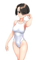 Rule 34 | 1girl, absurdres, black hair, blurry, blurry background, bob cut, breasts, commentary request, competition swimsuit, covered navel, cowboy shot, girls und panzer, green eyes, hair over one eye, highres, inverted bob, medium breasts, multicolored clothes, one-piece swimsuit, short hair, simple background, solo, swimsuit, takafumi, two-tone swimsuit, vanilla (girls und panzer), variant set, white background, white one-piece swimsuit