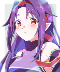 Rule 34 | 1girl, armor, bare shoulders, blush, breastplate, chromatic aberration, detached sleeves, fairy (sao), hairband, highres, kinoope, long hair, looking at viewer, parted bangs, parted lips, pointy ears, purple armor, purple hair, red eyes, red hairband, solo, sword art online, upper body, yuuki (sao)
