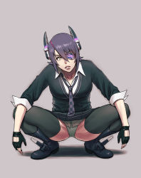 Rule 34 | 10s, 1girl, azasuke, boots, breasts, checkered clothes, checkered necktie, eyepatch, feet, fingerless gloves, gloves, green panties, grey background, headgear, kantai collection, large breasts, legs, looking at viewer, necktie, panties, pantyshot, parted lips, purple hair, school uniform, shadow, short hair, simple background, sitting, skirt, solo, squatting, tenryuu (kancolle), thighhighs, thighs, underwear, yellow eyes