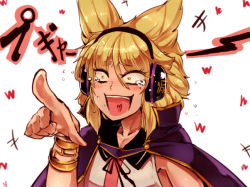 Rule 34 | +++, 1girl, bracelet, cape, constricted pupils, earmuffs, foreshortening, heart, jewelry, laughing, open mouth, pointing, pointy hair, sekiyu (spartan), short hair, simple background, solo, touhou, toyosatomimi no miko, white background, yellow eyes