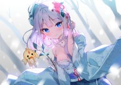 Rule 34 | 1girl, ahoge, bare tree, blue eyes, blue skirt, blue sleeves, breasts, carrot, cheli (kso1564), cleavage, commentary, copyright request, creature, detached sleeves, earrings, flower, food in mouth, glowing, hair flower, hair ornament, hand up, highres, jewelry, long hair, long sleeves, mask, mask on head, medium breasts, mouth hold, obi, purple hair, rabbit mask, red flower, sash, skirt, snowing, tree, virtual youtuber, wide sleeves