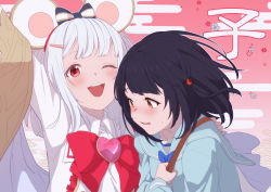 Rule 34 | 2girls, animal ears, arm up, black hair, blue shirt, blush, bow, bowtie, brooch, collared shirt, dual persona, egasumi, fake animal ears, granblue fantasy, hair ornament, hairclip, jewelry, looking at viewer, mifuta, mouse ears, multiple girls, one eye closed, open mouth, red eyes, sailor collar, seigaiha, shirt, short hair, smile, tearing up, tears, upper body, vikala (granblue fantasy), white hair, white shirt