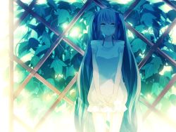 Rule 34 | 1girl, achiki, bad id, bad pixiv id, blue eyes, blue hair, fence, hatsune miku, interlocked fingers, long hair, plant, smile, twintails, very long hair, vocaloid