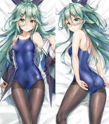 Rule 34 | 10s, 1girl, adjusting clothes, adjusting swimsuit, aqua eyes, aqua hair, ass, bed sheet, black pantyhose, blush, breasts, closed mouth, collarbone, commentary request, competition school swimsuit, competition swimsuit, dakimakura (medium), dress, unworn dress, hair between eyes, hair flaps, hair ornament, hairclip, highres, kantai collection, koyuki (kotatsu358), long hair, long sleeves, looking back, lying, multiple views, on back, on side, one-piece swimsuit, pantyhose, pantyhose under swimsuit, parted lips, school swimsuit, shadow, small breasts, swimsuit, yamakaze (kancolle)