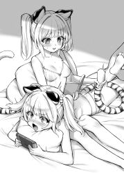 Rule 34 | 2girls, alphy, animal ears, ass, bai (granblue fantasy), barefoot, blush, book, breasts, camisole, cindala (granblue fantasy), collarbone, commentary request, erune, fang, granblue fantasy, greyscale, highres, holding, holding book, huang (granblue fantasy), lying, monochrome, multiple girls, nintendo switch, on stomach, open mouth, panties, paw print, pillow, playing games, siblings, sisters, sitting, skin fang, small breasts, smile, tail, tail grab, tiger ears, tiger girl, tiger stripes, tiger tail, twins, twintails, underwear