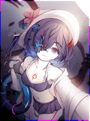 Rule 34 | 1girl, :d, absurdres, bad id, bad pixiv id, bikini, blue bikini, blue butterfly, blue eyes, blue hair, bug, butterfly, darkworldsss, frilled bikini, frills, grin, hair ornament, hair over one eye, hairpin, highres, honkai (series), honkai impact 3rd, insect, jacket, looking at viewer, open mouth, seele vollerei, selfie, short hair, smile, solo, swimsuit, tattoo, teeth, white headwear, white jacket