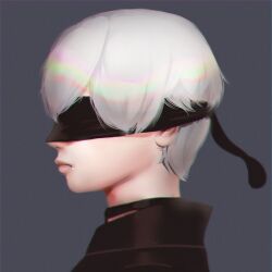 Rule 34 | 1boy, black choker, black jacket, blindfold, choker, closed mouth, commentary request, from side, grey background, grey hair, hair over eyes, highres, jacket, kuro kosyou, male focus, nier (series), nier:automata, profile, simple background, solo, upper body, 9s (nier:automata)
