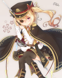 Rule 34 | 1girl, bayonet, belt, belt buckle, black cape, black footwear, black skirt, black thighhighs, blonde hair, blush, boots, bow, brown background, brown belt, brown hat, buckle, cape, closed mouth, collared shirt, commentary request, coreytaiyo, dated, dress shirt, epaulettes, eyebrows hidden by hair, eyepatch, flandre scarlet, floral background, gold trim, gun, hair between eyes, hat, highres, holding, holding gun, holding weapon, long hair, long sleeves, looking at viewer, military, military hat, military uniform, multicolored cape, multicolored clothes, one side up, peaked cap, pleated skirt, red bow, red cape, red eyes, shirt, signature, skirt, solo, thighhighs, thighhighs under boots, thighs, touhou, uniform, untucked shirt, v-shaped eyebrows, weapon, weapon request, white shirt