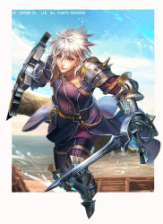 Rule 34 | 1boy, armor, belt, blue sky, boots, brown eyes, closed mouth, coat, earrings, full body, gauntlets, headband, holding, holding sword, holding weapon, jewelry, liduke, looking at viewer, male focus, armored boots, monster hunter (series), official art, pants, purple pants, shield, silver hair, sky, solo, sword, water, watermark, weapon