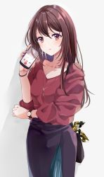 Rule 34 | 1girl, black skirt, blush, brown hair, brown shirt, cellphone, commentary request, earrings, grey background, hair between eyes, highres, holding, holding phone, jewelry, long hair, long sleeves, necktie, original, parted lips, phone, puffy long sleeves, puffy sleeves, puracotte, red eyes, shirt, skirt, solo, watch, wristwatch