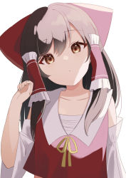 Rule 34 | 1girl, :/, black hair, bow, brown eyes, collarbone, detached sleeves, hair bow, hair tubes, hakurei reimu, hand up, highres, kamachi (kamati0maru), long hair, looking at viewer, md5 mismatch, resolution mismatch, ribbon, simple background, solo, source larger, touhou, upper body, white background