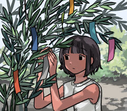 Rule 34 | 1girl, :/, bamboo, black eyes, black hair, blunt bangs, blurry, blurry background, buttons, commentary request, dappled sunlight, day, expressionless, foliage, fucca, hands up, highres, holding tanzaku, looking at object, original, outdoors, overexposure, raised eyebrows, short hair, sleeveless, sleeveless jacket, solo, sunlight, tanabata, tying, upper body