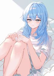 Rule 34 | 1girl, absurdres, alternate costume, blue eyes, blue hair, blush, closed mouth, commentary request, double-parted bangs, hair between eyes, hands on own knees, highres, hololive, hoshimachi suisei, knees up, looking at viewer, medium hair, shirt, short sleeves, simple background, sitting, smile, solo, tagosaku (tatsukiuma0329), virtual youtuber, white background, white shirt
