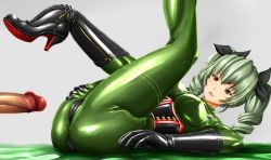 Rule 34 | 10s, 1girl, anchovy (girls und panzer), blush, breasts, censored, drill hair, covered erect nipples, girls und panzer, green hair, highres, large breasts, penis, red eyes, solo, tomahawk (nagarebosi8492)