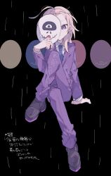 Rule 34 | 1boy, absurdres, ahoge, black background, black footwear, blonde hair, blue necktie, closed mouth, collared shirt, commentary request, covering face, crossed legs, full body, highres, holding, holding mask, hwr33m, jacket, knee up, long hair, long sleeves, looking at viewer, makoto kagutsuchi, male focus, mask, master detective archives: rain code, necktie, pants, purple eyes, purple jacket, purple pants, shirt, simple background, sitting, solo, spoilers, translation request, white shirt