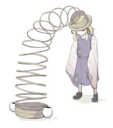 Rule 34 | 1girl, arms at sides, black eyes, blonde hair, dress, expressionless, full body, hat, highres, long hair, moriya suwako, one eye covered, peroponesosu., purple dress, pyonta, simple background, sleeves past fingers, sleeves past wrists, slinky, solo, spring (object), standing, touhou, white background, wide sleeves