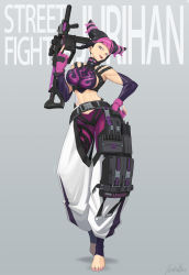 Rule 34 | 1girl, absurdres, artist name, barefoot, breasts, chaps, commentary, cone hair bun, crop top, english commentary, fingerless gloves, gloves, gun, hair bun, han juri, highres, holding, holding gun, holding weapon, kriss vector, large breasts, leaning to the side, leggings, midriff, nail polish, pants, pink gloves, pink nails, purple leggings, sideboob, smile, solo, street fighter, street fighter v, submachine gun, suppressor, tinkerbat (tinkerb4t), toenail polish, toenails, trigger discipline, weapon, white pants