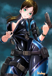 Rule 34 | 1girl, artist name, bad id, bad pixiv id, belt, beretta 92, blue bodysuit, blush, bodysuit, breasts, brown hair, cleavage, covered erect nipples, covered navel, diving suit, green eyes, gun, handgun, highres, holding, holding weapon, holster, jill valentine, long hair, medium breasts, night, night sky, pistol, ponytail, radio, resident evil, resident evil: revelations, sky, solo, unzipping, watch, weapon, wetsuit, yuckey, zipper pull tab
