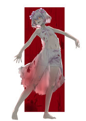 Rule 34 | 1girl, armpits, bare shoulders, barefoot, blood, blood in hair, blood on clothes, bloomers, blush, breasts, commentary, flower, full body, glowing, glowing eyes, hair between eyes, hair flower, hair ornament, highres, kudou chitose, looking at viewer, midriff, navel, nijisanji, open clothes, open mouth, outstretched arms, pink ribbon, pirapirapirapira, red background, ribbon, see-through, short hair, sleeveless, small breasts, smile, solo, underwear, virtual youtuber, wavy hair, white bloomers, white hair, yellow eyes