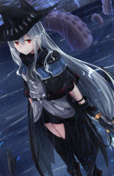Rule 34 | 1girl, absurdres, arknights, ascot, belt, black belt, black cape, black gloves, black hat, black pants, boots, breasts, brown footwear, cape, closed mouth, clothing cutout, commentary request, feet out of frame, gloves, grey ascot, grey shirt, hair between eyes, hat, heimu (heim kstr), highres, holding, holding sword, holding weapon, long hair, looking at viewer, low-tied long hair, pants, rain, red eyes, shirt, silver hair, skadi (arknights), small breasts, solo, sword, tentacles, thigh cutout, very long hair, water, weapon