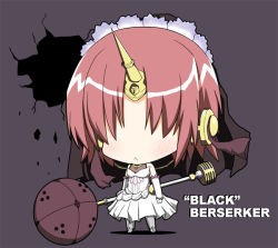 Rule 34 | 1girl, :&lt;, blush, character name, chibi, cleavage, dress, elbow gloves, fate/apocrypha, fate (series), frankenstein&#039;s monster (fate), gloves, hair over eyes, horns, long hair, mace, ogarasu, pink hair, see-through, see-through cleavage, single horn, solo, veil, weapon, white dress, white gloves