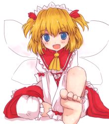 Rule 34 | 1girl, :d, ascot, barefoot, blonde hair, blue eyes, blush, fairy, fairy wings, fang, feet, female focus, frills, knee up, long sleeves, looking at viewer, minnku, open mouth, simple background, sitting, smile, soles, solo, sunny milk, tareme, toes, touhou, twintails, wings