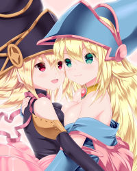 Rule 34 | 2girls, :d, bare shoulders, black hat, blonde hair, blue hat, blush, breast press, breasts, calcio, closed mouth, dark magician girl, duel monster, eye contact, eyebrows, fingernails, from side, gagaga girl, green eyes, hair between eyes, hand on another&#039;s back, hat, highres, hug, jewelry, large breasts, long fingernails, long hair, looking at another, multiple girls, necklace, off shoulder, open mouth, pink ribbon, red eyes, ribbon, short hair, smile, symmetrical docking, upper body, wizard hat, yu-gi-oh!, yu-gi-oh! duel monsters, yuri